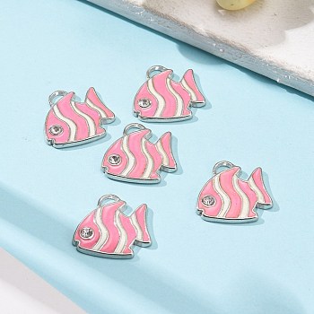 Alloy Enamel Pendants, with Rhinestone, Lead Free and Cadmium Free, Butterflyfish, Platinum, Pearl Pink, 19x20x2mm, Hole: 3mm