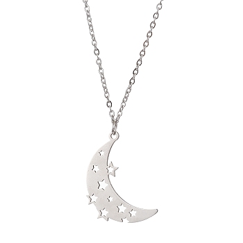 Hollow Moon & Star 304 Stainless Steel Pendant Necklaces, Cable Chains Necklaces for Women, Stainless Steel Color, 17.99 inch(45.7cm)