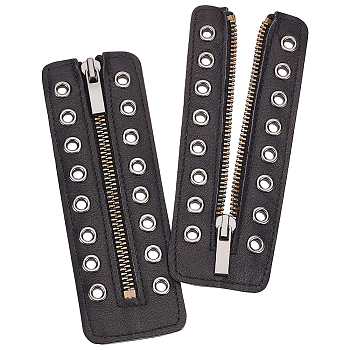 PU Leather Lace-in Boot Zipper Inserts, Tieless Shoe Laces, with Brass Zipper, Alloy Puller, for Boots, Black, 157x53.5x4.5mm, Hole: 5mm, The Distence of Hole and Hole is 7.06mm