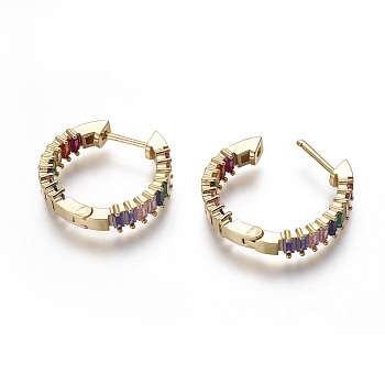 Brass Hoop Earrings, with Micro Pave Cubic Zirconia, Ring, Colorful, Real 18K Gold Plated, 23~25x5.5mm, Pin: 1mm