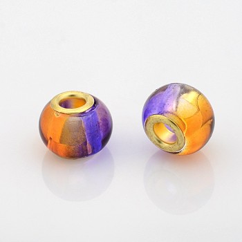 Two Tone Glass European Beads, Large Hole Rondelle Beads, with Golden Tone Brass Cores, Blue Violet, 14x11mm, Hole: 5mm