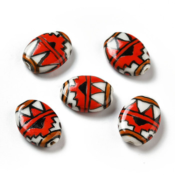 Handmade Printed Porcelain Beads, Oval with Triangle Pattern, Red, 18x14.5x5mm, Hole: 1.6mm