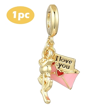 1Pc Valentine's Day Brass Pink Enamel European Dangle Charms, Heart Envelope & Rose Large Hole Pendants, Cadmium Free & Lead Free, Long-Lasting Plated, Real 18K Gold Plated, 25mm, Hole: 4.5mm