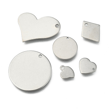 304 Stainless Steel Charms, Stamping Blank Tag, Mixed Shapes, Stainless Steel Color, 8~38x8~30x0.6~1.5mm, Hole: 1~3mm