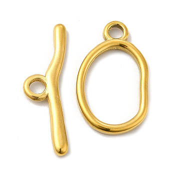 Ion Plating(IP) 304 Stainless Steel Toggle Clasps, Oval, Real 18K Gold Plated, Oval: 25x15x2mm, Hole: 3mm, 16.5x11mm inner diameter, Bar: 28.5x8.5x2.5mm, hole: 3mm
