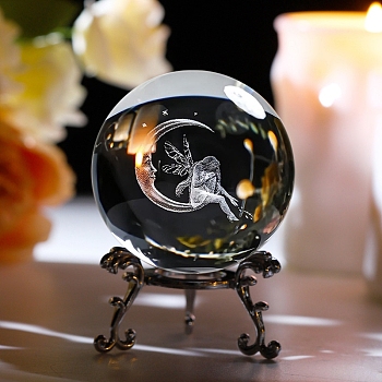 Inner Carving Glass Crystal Ball Diaplay Decoration, with Metal Holder, Fengshui Home Decor, Angel & Fairy, 60mm