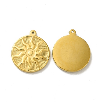 Ion Plating(IP) 304 Stainless Steel Pendants, Flat Round with Sun Charm, Golden, 29x25x3mm, Hole: 1.5mm