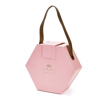 Valentine's Day Hexagon Cardboard Gift Boxes, with PU Imitation Leather Handles, Pink, 28.5cm, Bag: 16.5x18.5x8cm