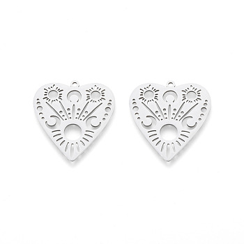201 Stainless Steel Pendants, Laser Cut, Hollow Heart with Moon, Stainless Steel Color, 30x28.5x1mm, Hole: 1.6mm