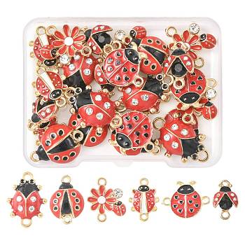 24Pcs 6 Styles Alloy Crystal Rhinestones Connector Charms, with FireBrick & Black Enamel, Ladybug Links, Golden, 15.5~23x11~19.5x2~5mm, Hole: 1.5~2mm, 4pcs/style