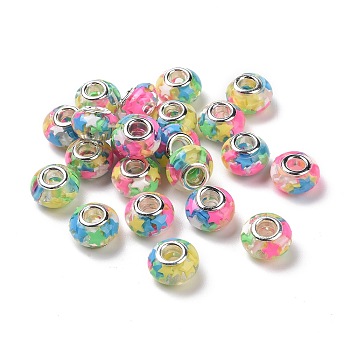 Transparent Resin European Rondelle Beads, Large Hole Beads, with Star Polymer Clay and Platinum Tone Alloy Double Cores, Colorful, 14x8.5mm, Hole: 5mm