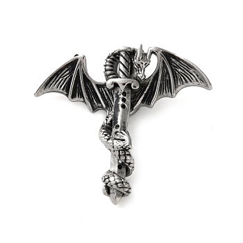 304 Stainless Steel Pendants, Dragon Sword Charm, Antique Silver, 27x29x10mm, Hole: 4x2mm