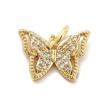 Rack Plating Brass Micro Pave Cubic Zirconia Charms, Hollow Butterfly Charm, Long-Lasting Plated,with Jump Rings, Cadmium Free & Lead Free, Real 18K Gold Plated, 9.5x13x2mm, Hole: 3mm