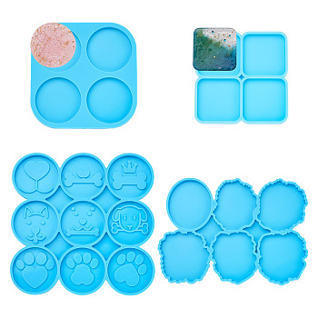 Boutigem 4Pcs 4 Style DIY Silicone Molds, for Resin Casting Molds, Clay Craft Mold Tools, Nuggets & Square, Deep Sky Blue, 89~140x89~140x6~7.5mm, Inner Diameter: 41~50x38~46mm, 1pc/style