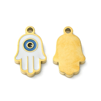 Ion Plating(IP) 304 Stainless Steel Manual Polishing Charms, with Enamel, Hamsa Hand/Hand of Miriam with Evil Eye, Golden, 11.5x7x1.5mm, Hole: 1.2mm