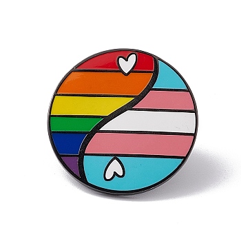 Rainbow Color Pride Flag Yin Yang with Heart Enamel Pin, Gunmetal Alloy Brooch for Backpack Clothes, Colorful, 25x1.5mm