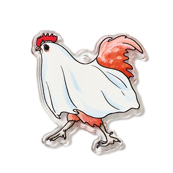 Acrylic Pendants, Rooster, White, 45x40x2mm, Hole: 1.8mm