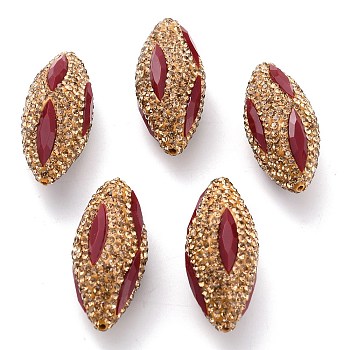 Glass Beads, with Crystal & Golden Shadow Polymer Clay Rhinestone, Horse Eye, Red, 34~34.5x14~15mm, Hole: 1.4mm