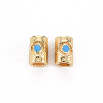 Brass Enamel Beads, Nickel Free, Column, Real 18K Gold Plated, Sky Blue, 9x7x6mm, Hole: 3.5mm