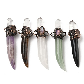 Natural Mixed Gemstone Sword Shape Connector Charms, with Brass Findings, Red Copper, 70~80x21~23x16~8mm, Hole: 4~5mm