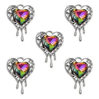 Rack Plating Alloy Glass Pendants, Cadmium Free & Lead Free & Nickle Free, Melting Heart Charms, Platinum, 24x17x5mm, Hole: 2.5mm