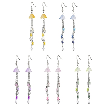 Bohemian Style Glass & Seed Beaded Flower Dangle Earrings, Brass Chains Tassel Earrings, Mixed Color, 35.5x10.5mm