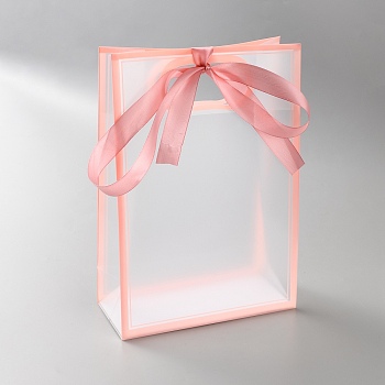 Rectangle Plastic Packaging Gift Bags with Hole Handle and Silk Ribbon, Rectangle, Light Salmon, 26.1x18.1x0.1~0.2cm