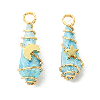 2Pcs Electroplated Natural Quartz Crystal Dyed Copper Wire Wrapped Pendants, Teardrop Charms with Brass Star & Moon, Platinum, Light Sky Blue, 28~37x9.5~15.5x7.5~16mm, Hole: 3.5~4mm