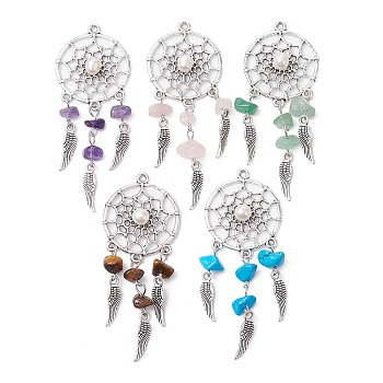 Mixed Gemstone Chip Big Pendants, Antique Silver Plated Alloy Woven Web/Net with Feather Charms, with Natural Cultured Freshwater Pearl, Mixed Dyed and Undyed, 71~73x28.5x6.5~7mm, Hole: 1.8mm