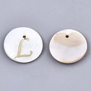 Natural Freshwater Shell Pendants, with Golden Plated Brass Etched Metal Embellishments, Flat Round with Letter, Letter.L, 15x2mm, Hole: 1.2mm(SHEL-N027-04L)