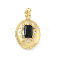 Brass Cubic Zirconia Locket Pendants, Photo Frame Charms, with Jump Ring, Real 18K Gold Plated, Dark Blue, Oval, 33.5x23x12.5mm, Hole: 4mm, Inner Diameter: 25x20mm(KK-N254-93F-G)