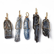 Natural Kyanite Gemstone Big Pendants, with Rack Plating Light Gold Tone Brass Wires Wrapped, Nuggets, 42~56.5x9~13x4~8.5mm, Hole: 3.5~5mm(G-S274-11)