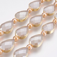 Electroplate Glass Beads Strands, Faceted, with Golden Tone Brass Edge, Full Plated, Teardrop & Round, Rosy Brown, 18x12.5~13x7~7.5mm, Hole: 1mm, about 10pcs/strand, 9 inch(23cm)(EGLA-P044-B04)