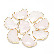 Natural Rose Quartz Semi Circle Pendants, with Brass Findings, Faceted, Half Round, Golden, Misty Rose, 32x25~26x7mm, Hole: 2mm(G-Q972-07)