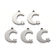 201 Stainless Steel Charms, Laser Cut, Moon with Star, Stainless Steel Color, 14x11x1mm, Hole: 1.2mm(STAS-N092-106)