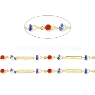 Real 18K Gold Plated Brass Oval & Flat Round Link Chains, with Glass Beaded, Soldered, with Spool, Lead Free & Cadmium Free & Nickel Free, Blue, 10x4.5x1.7mm, 15x2.5x0.3mm(CHC-F844-10D)