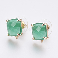 Faceted Glass Stud Earring Findings, with Loop, Light Gold Plated Brass Findings, Square, Medium Sea Green, 11x10x5mm, Hole: 1mm, Pin: 0.8mm(GLAA-F084-C02)