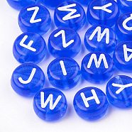 Transparent Acrylic Beads, Horizontal Hole, Mixed Letters, Flat Round, Blue, 7x4mm, Hole: 1.5mm(X-TACR-N002-04A)