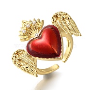 Rack Plating Brass Clear Cubic Zirconia Open Cuff Rings, Enamel Heart with Wing Ring for Women, Cadmium Free & Lead Free, Long-Lasting Plated, FireBrick, Heart: 27x29.5mm(RJEW-S411-01G-01)