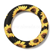 Food Grade Eco-Friendly Silicone Pendants, Ring with Sunflower Pattern, Black, 65x10mm, Hole: 4mm(SIL-M001-01B)