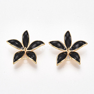 Brass Links Peg Bails, For Half Drilled Bead, with Enamel, Flower, Nickel Free, Real 18K Gold Plated, Black, 23x24x5~6mm, Hole: 1~2mm, Pin: 0.8mm(KK-S350-387A-G)