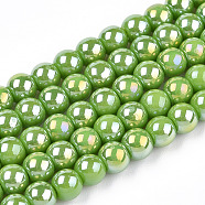 Electroplate Opaque Glass Beads Strands, AB Color Plated, Round, Lime Green, 4~4.5mm, Hole: 0.8mm, about 97~99pcs/strand, 14.76 inch~14.96 inch(37.5~38cm)(GLAA-T032-P4mm-AB06)