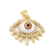 Brass Micro Pave Cubic Zirconia Pendants, with Enamel, Cadmium Free & Lead Free, Long-Lasting Plated, Evil Eye, Real 18K Gold Plated, Saddle Brown, 20x24x6.5mm, Hole: 4x3.5mm(KK-B059-41G-A)