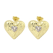 Heart Texture Brass Micro Pave Cubic Zirconia Stud Earrings for Women, Cadmium Free & Lead Free, Long-Lasting Plated, Real 18K Gold Plated, 15.5x17mm(EJEW-E312-07G)