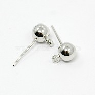 Brass Ball Post Ear Studs, with Loop, Platinum, about 6mm in diameter, 17mm long, Hole: about 1.5mm, Pin: 0.7mm(EC255)