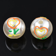 ABS Plastic Imitation Pearl Beads, with Enamel, Round with Flower, Dark Orange, 12x11mm, Hole: 2mm(KY-N015-98)