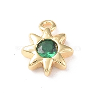 Brass Charms, with Glass, Sun Charm, Real 18K Gold Plated, Green, 8.5x7x2mm, Hole: 0.9mm(KK-I702-25B)