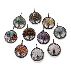 Natural Mixed Gemstone Pendants, with Red Copper Plated Brass Findings, Flat Round with Tree of Life, 64~67.5x50~51x6~7.5mm, Hole: 8x5~6.5mm(G-B001-01R)