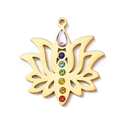 Chakra 304 Stainless Steel Rhinestone Pendants, Lotus Charms, Golden, 26.5x25x3mm, Hole: 1.5mm(RB-CBA27F2-01G)
