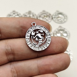 Constellation Themes Alloy Rhinestone Pendants, Flat Round Charms, Silver, Cancer, 24x21mm(X-PW-WGDA156-11)